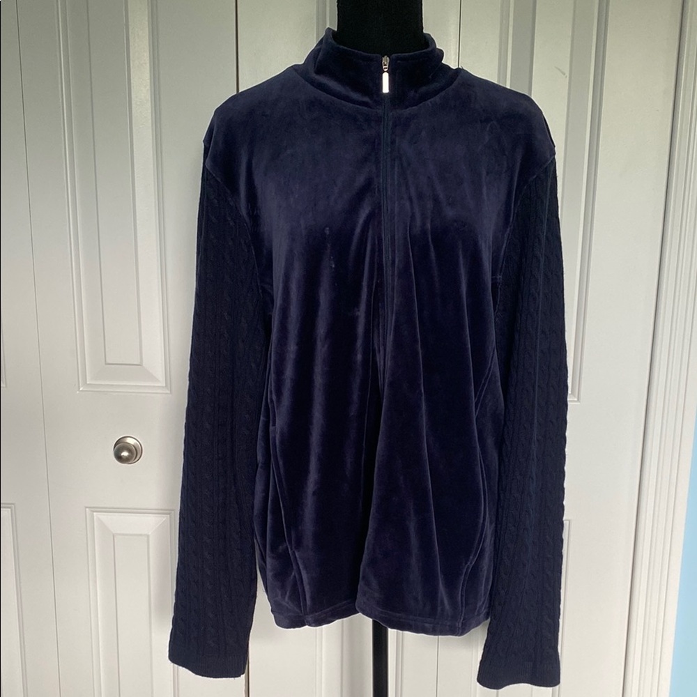 Coldwater Creek 2X Navy Blue Long Sleeve Zip Up With Cable Knit Woven Sleeves
